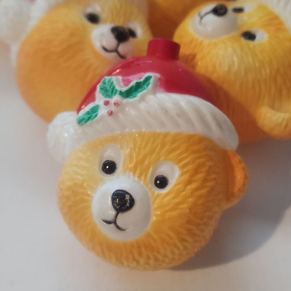 Teddy Bear Santa Claus Hat Plastic Blow Mold String Light Covers Vintage 6QTY